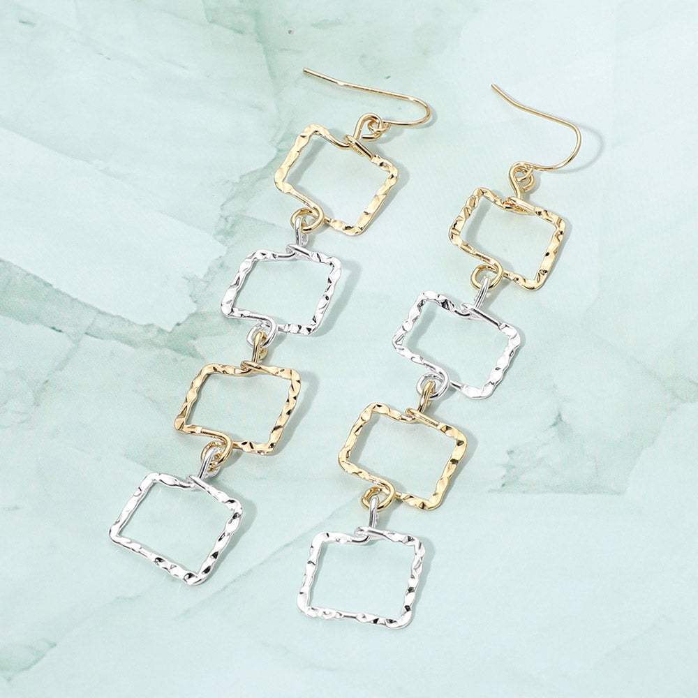 Textured Metal Geometric Open Square Link Drop Earrings - Madeline Love - Flyclothing LLC