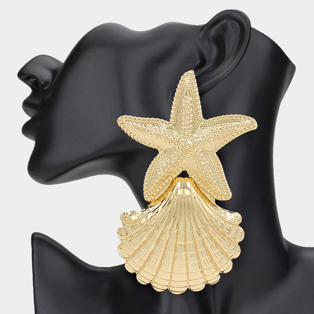 Oversized Textured Metal Starfish Sea Shell Link Earrings - Madeline Love - Flyclothing LLC