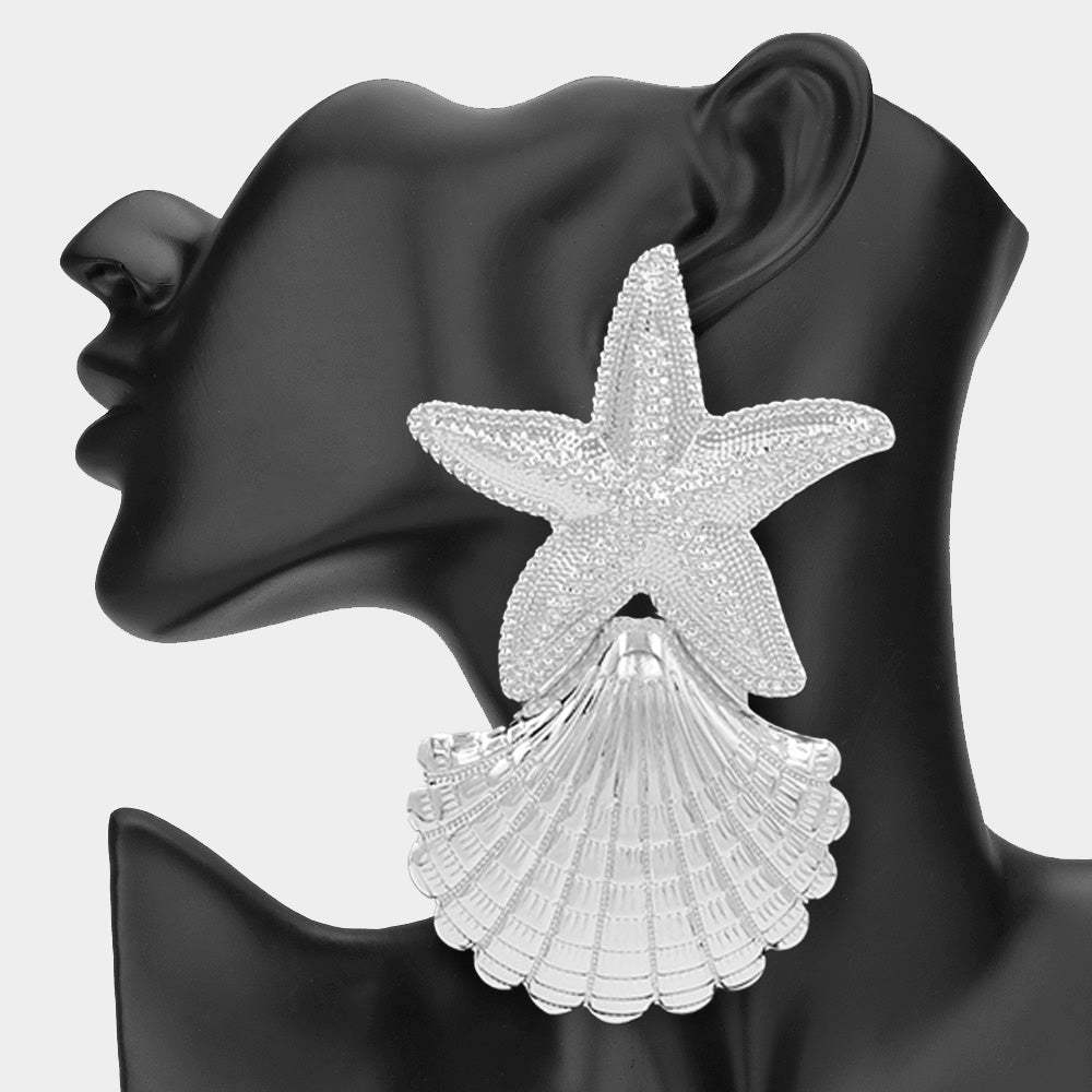 Oversized Textured Metal Starfish Sea Shell Link Earrings - Madeline Love - Flyclothing LLC