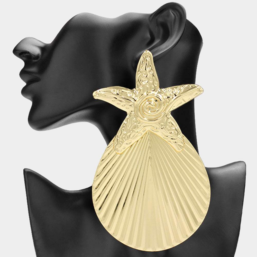 Oversized Textured Metal Starfish Seashell Drop Statement Earrings - Madeline Love - Flyclothing LLC