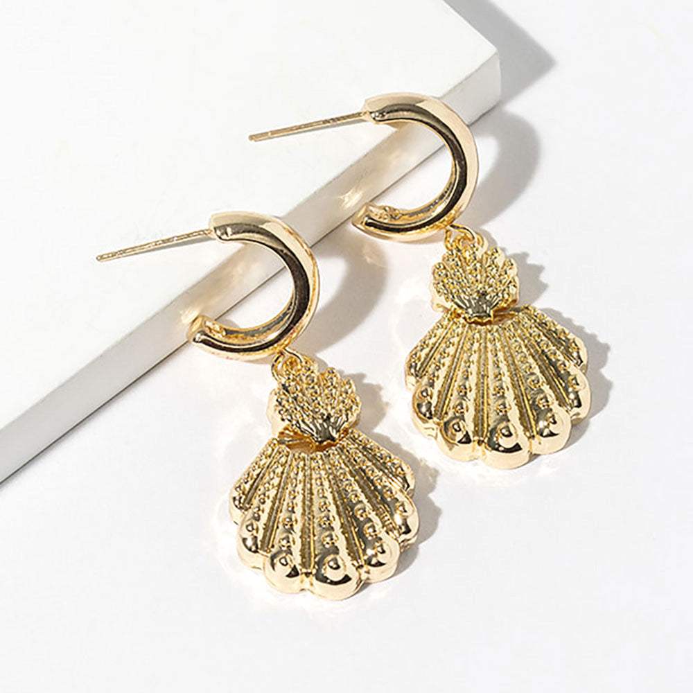 Gold Dipped Textured Scallop Shell Drop Dangle Mini Hoop Earrings - Madeline Love - Flyclothing LLC