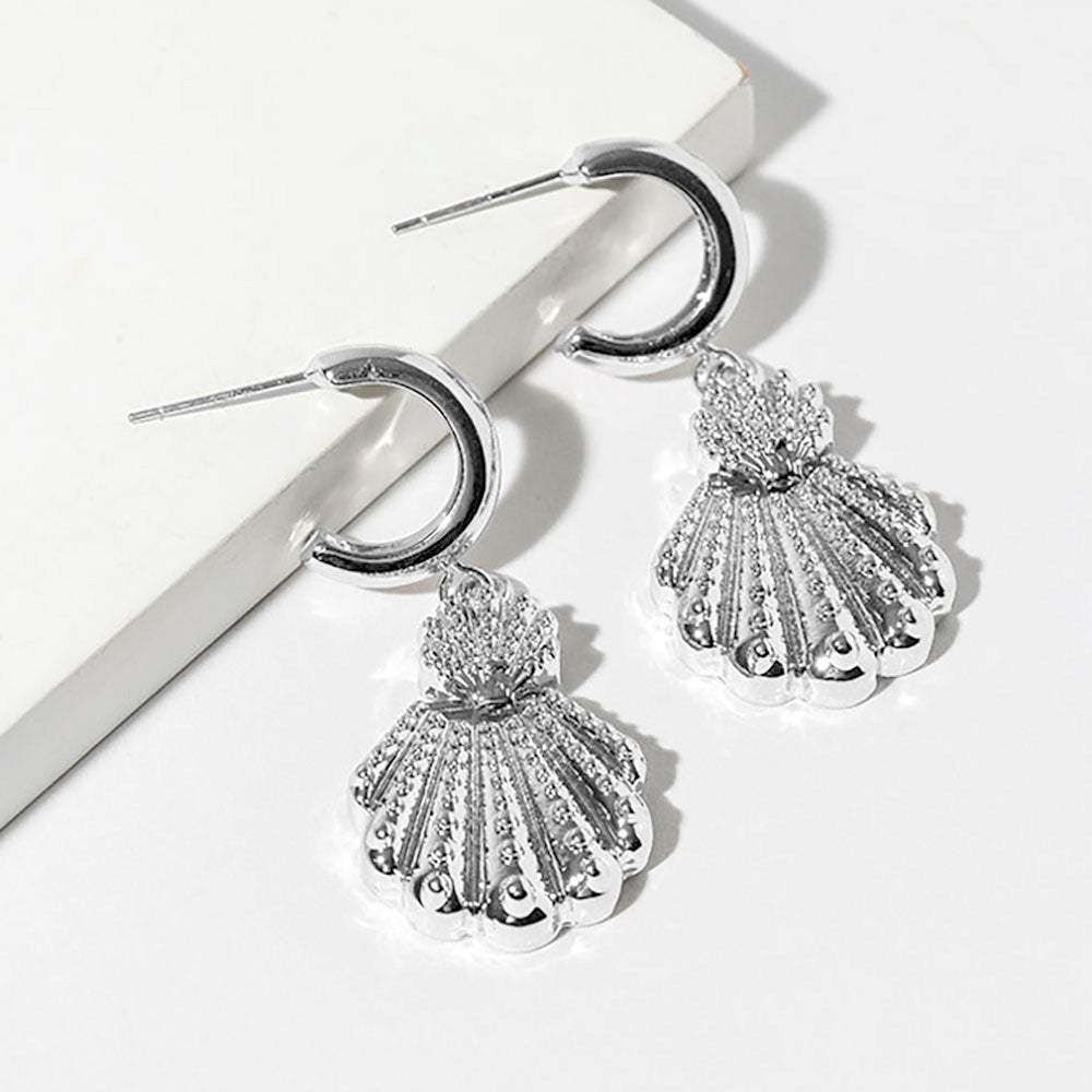 White Gold Dipped Textured Scallop Shell Drop Dangle Mini Hoop Earrings - Madeline Love - Flyclothing LLC