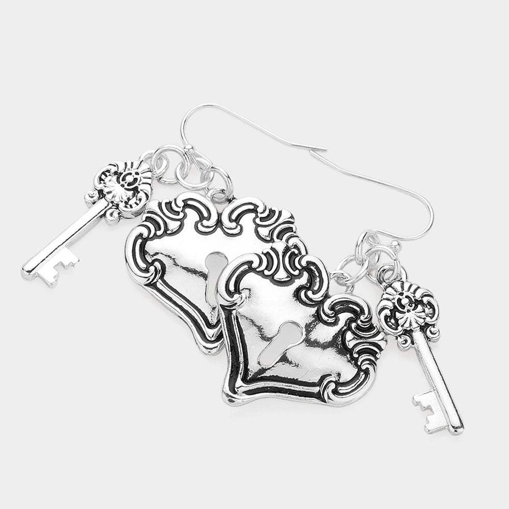 Metal Heart Lock and Key Dangle Earrings - Madeline Love - Flyclothing LLC