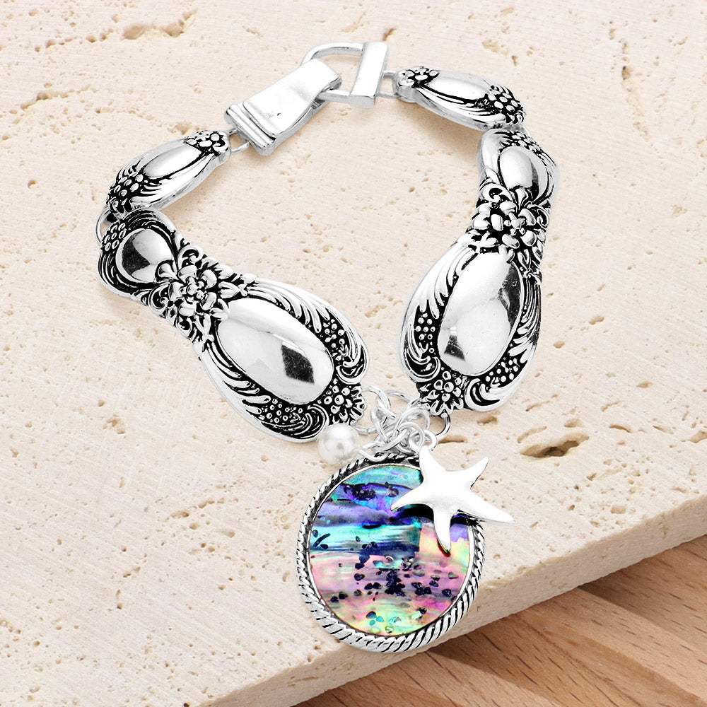 Abalone Starfish Pearl Charm Patterned Antique Silver Bracelet - Madeline Love - Flyclothing LLC