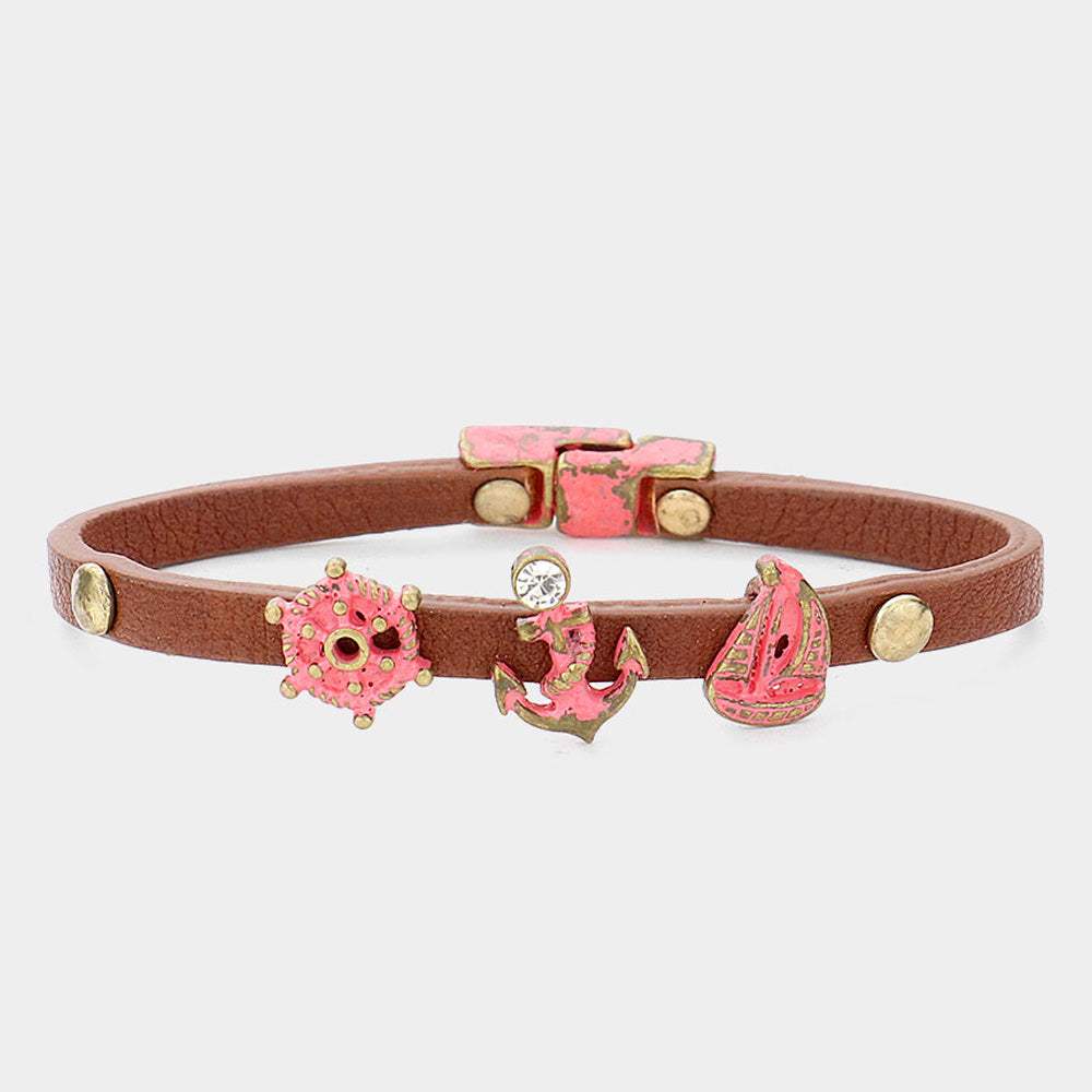 Anchor Ship Wheel Faux Leather Bracelet - Madeline Love - Flyclothing LLC