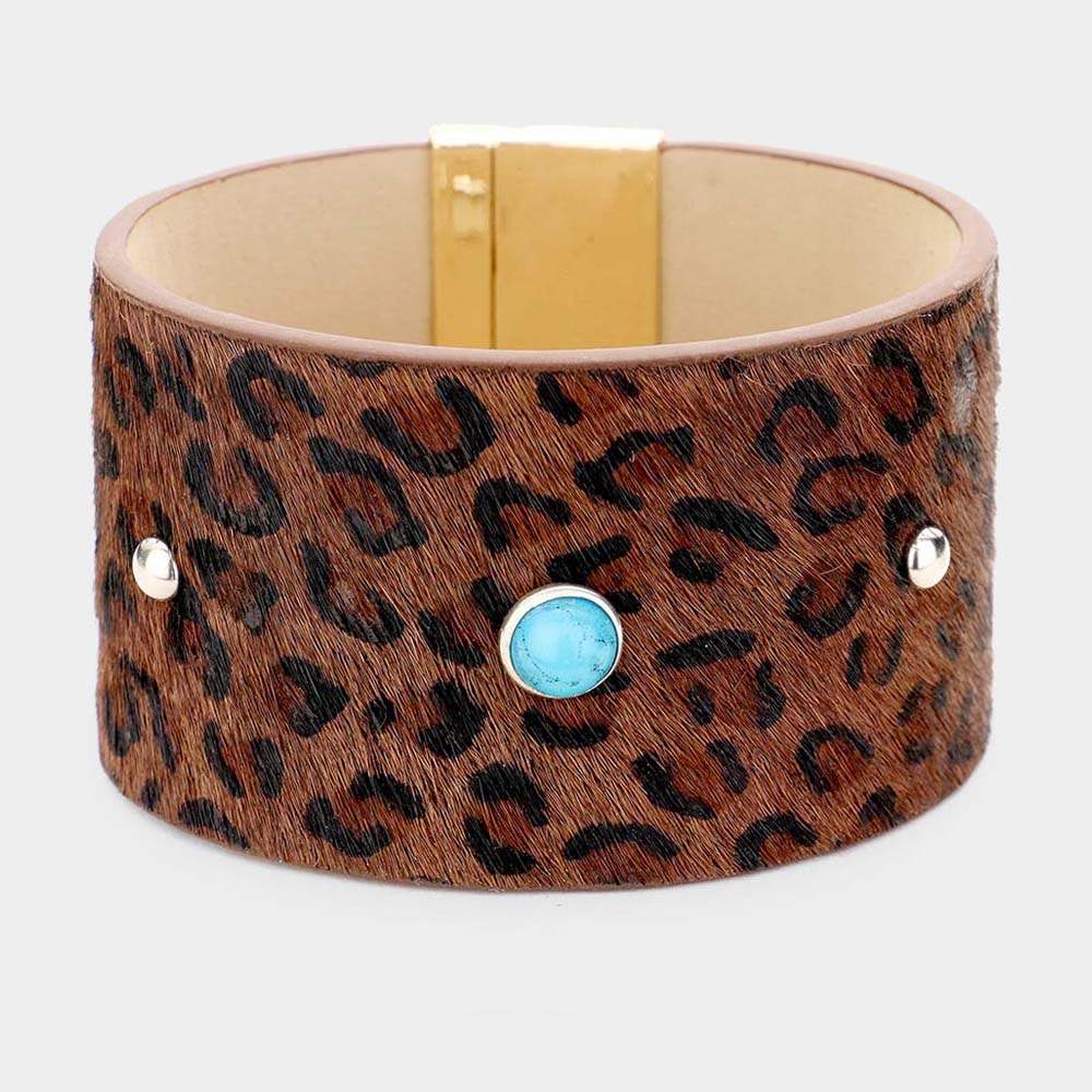 Leopard Leather Turquoise Round Magnetic Bracelet - Madeline Love - Flyclothing LLC