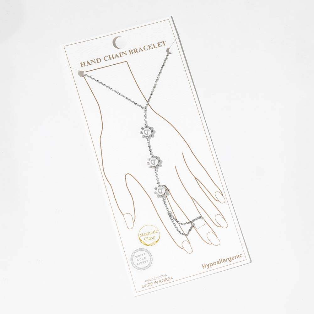 White Gold Dipped CZ Pearl Flower Link Hand Chain Magnetic Bracelet - Madeline Love - Flyclothing LLC