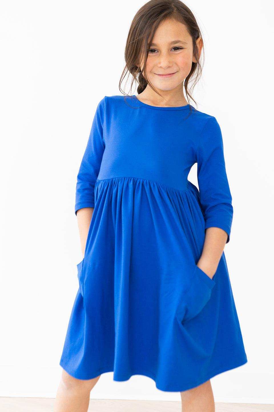 Royal Blue 3/4 Sleeve Pocket Twirl Dress - Mila & Rose ® - Flyclothing LLC