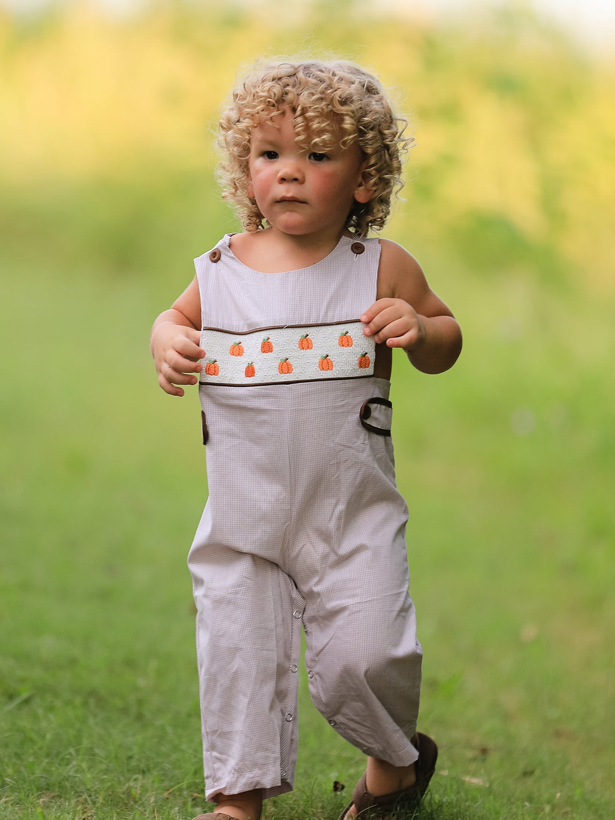 Fall Halloween & Thanksgiving Pumpkin Smock Embroidered Boys Romper - Rylee Faith Designs - Flyclothing LLC