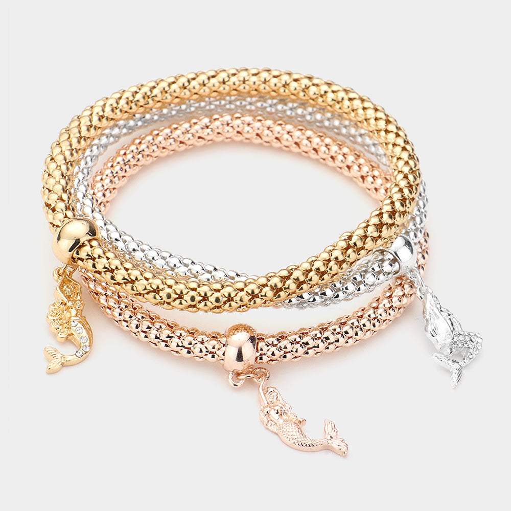3PCS - Rhinestone Embellished Metal Mermaid Charm Stretch Bracelets - Madeline Love - Flyclothing LLC