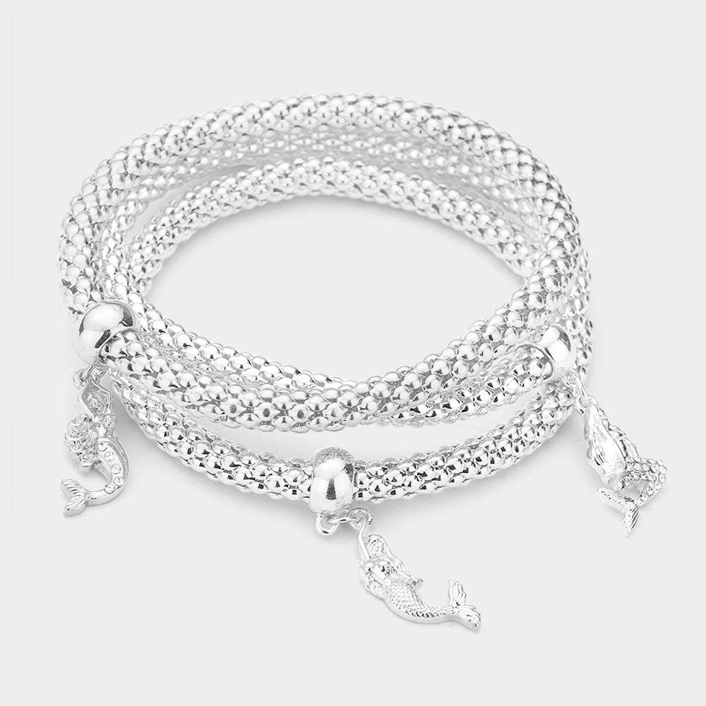 3PCS - Rhinestone Embellished Metal Mermaid Charm Stretch Bracelets - Madeline Love - Flyclothing LLC