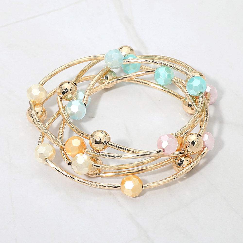 5PCS - Ball Metal Bar Beaded Stretch Multi Layered Bracelets - Madeline Love - Flyclothing LLC