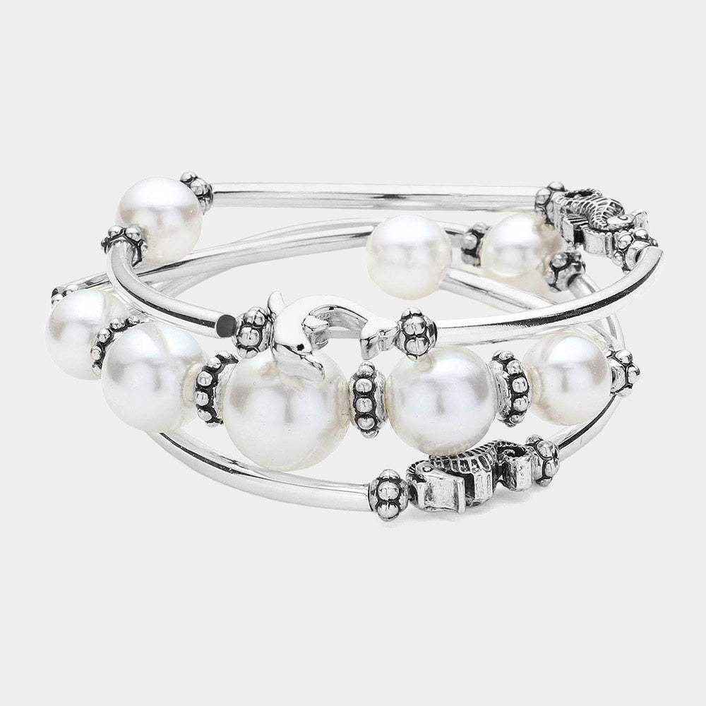 3PCS - Antique Silver Dolphin Sea Horse Pointed Pearl Stretch Multi Layered Bracelets - Madeline Love - Flyclothing LLC