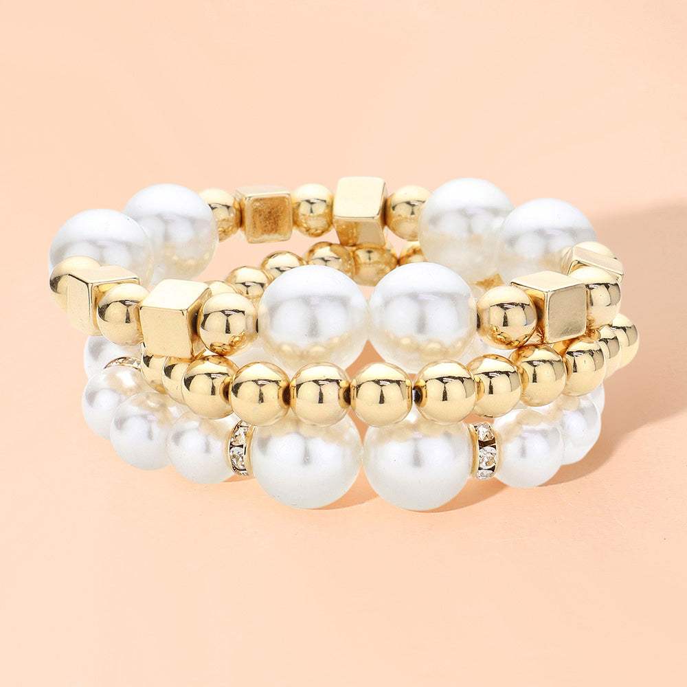3PCS - Pearl Metal Ball Beaded Stretch Multi Layered Bracelets - Madeline Love - Flyclothing LLC