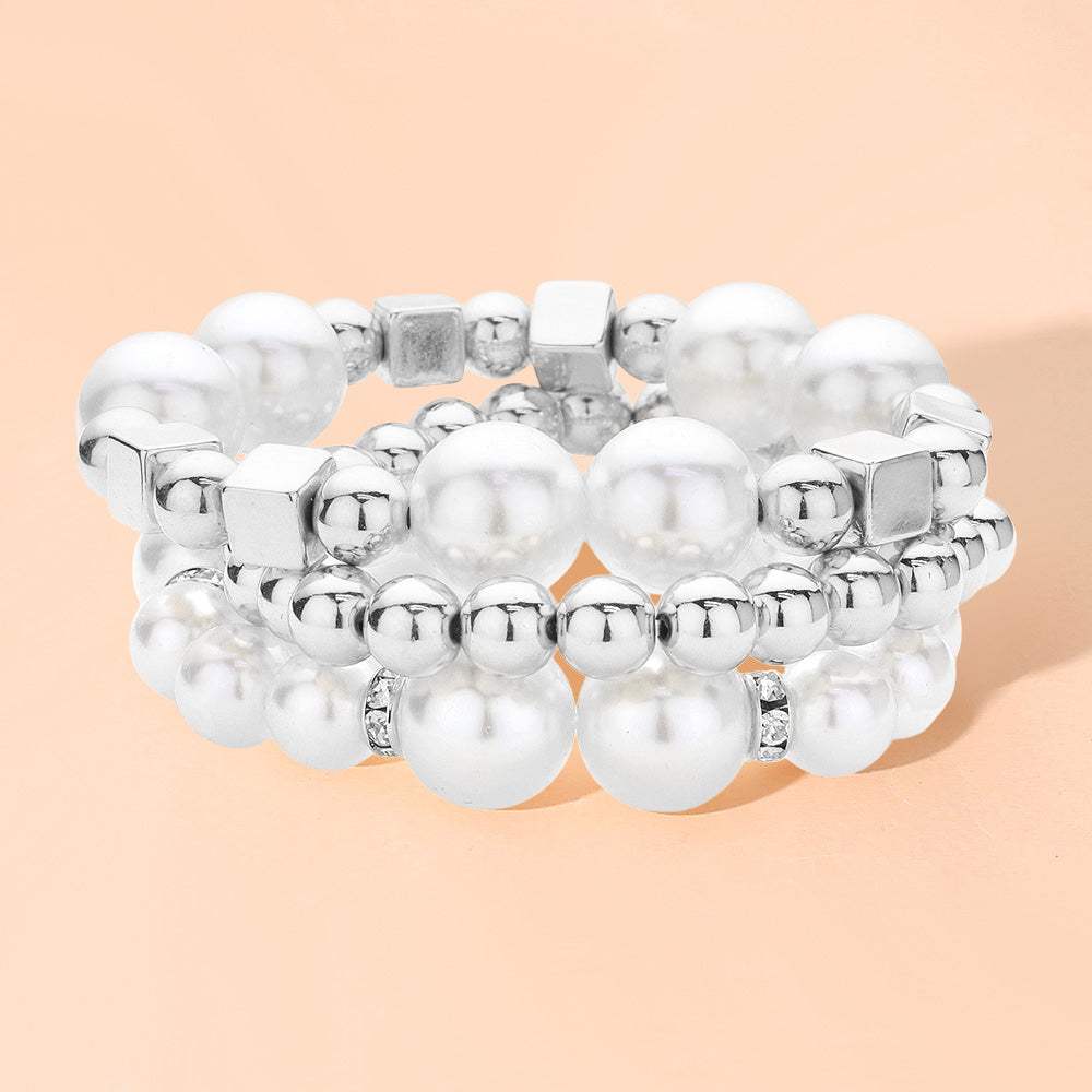 3PCS - Pearl Metal Ball Beaded Stretch Multi Layered Bracelets - Madeline Love - Flyclothing LLC