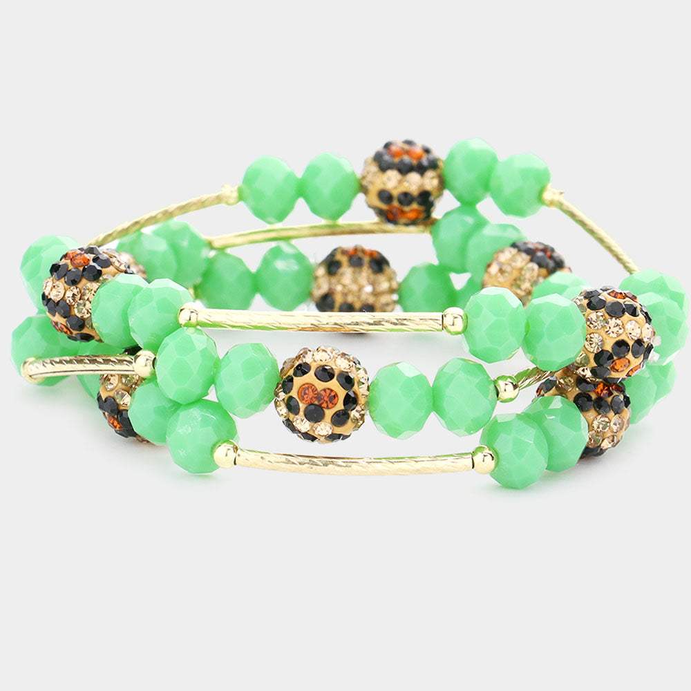 3PCS - Leopard Patterned Shamballa Ball Faceted Beaded Stretch Bracelets - Madeline Love - Flyclothing LLC