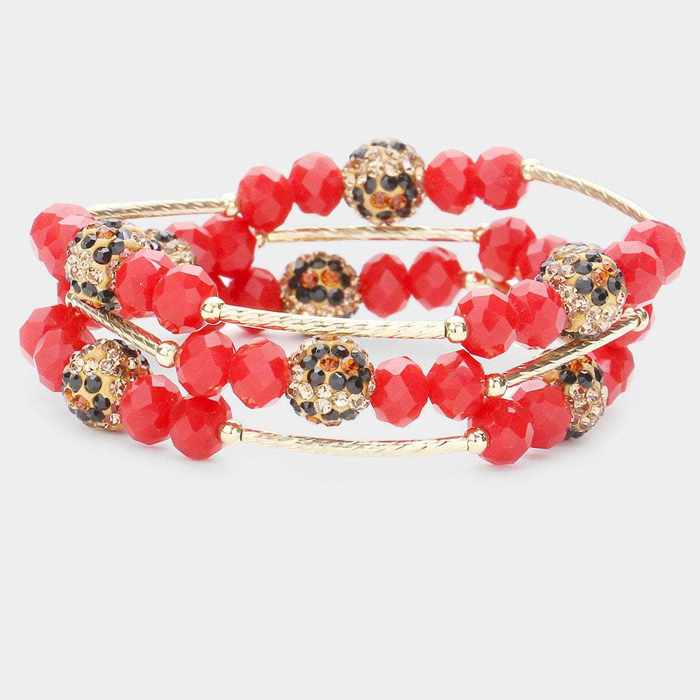 3PCS - Leopard Patterned Shamballa Ball Faceted Beaded Stretch Bracelets - Madeline Love - Flyclothing LLC