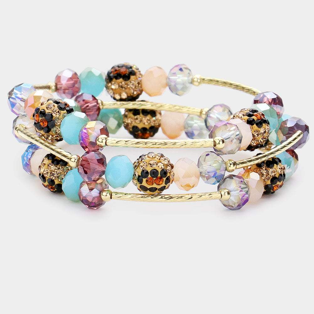 3PCS - Leopard Patterned Shamballa Ball Faceted Beaded Stretch Bracelets - Madeline Love - Flyclothing LLC