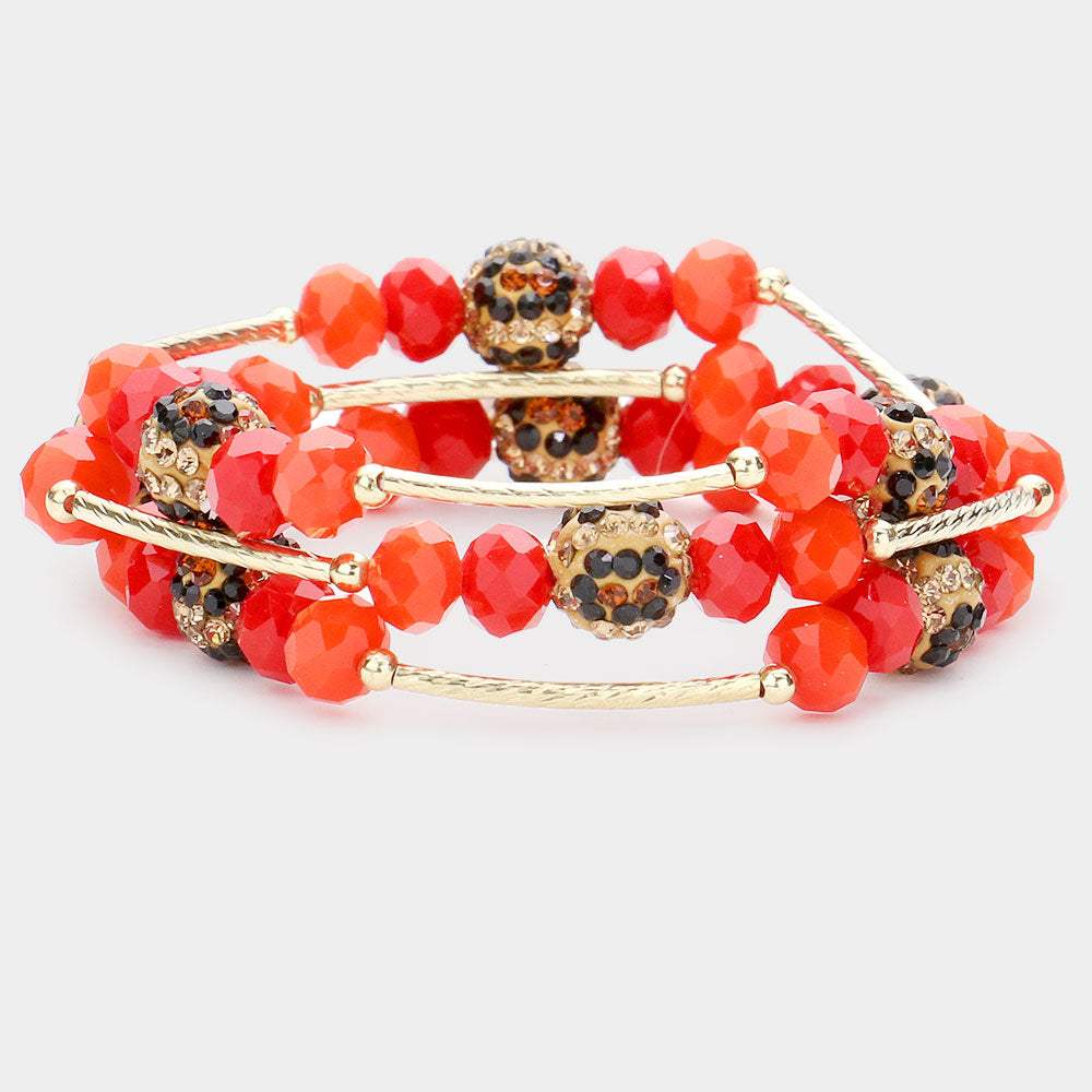 3PCS - Leopard Patterned Shamballa Ball Faceted Beaded Stretch Bracelets - Madeline Love - Flyclothing LLC