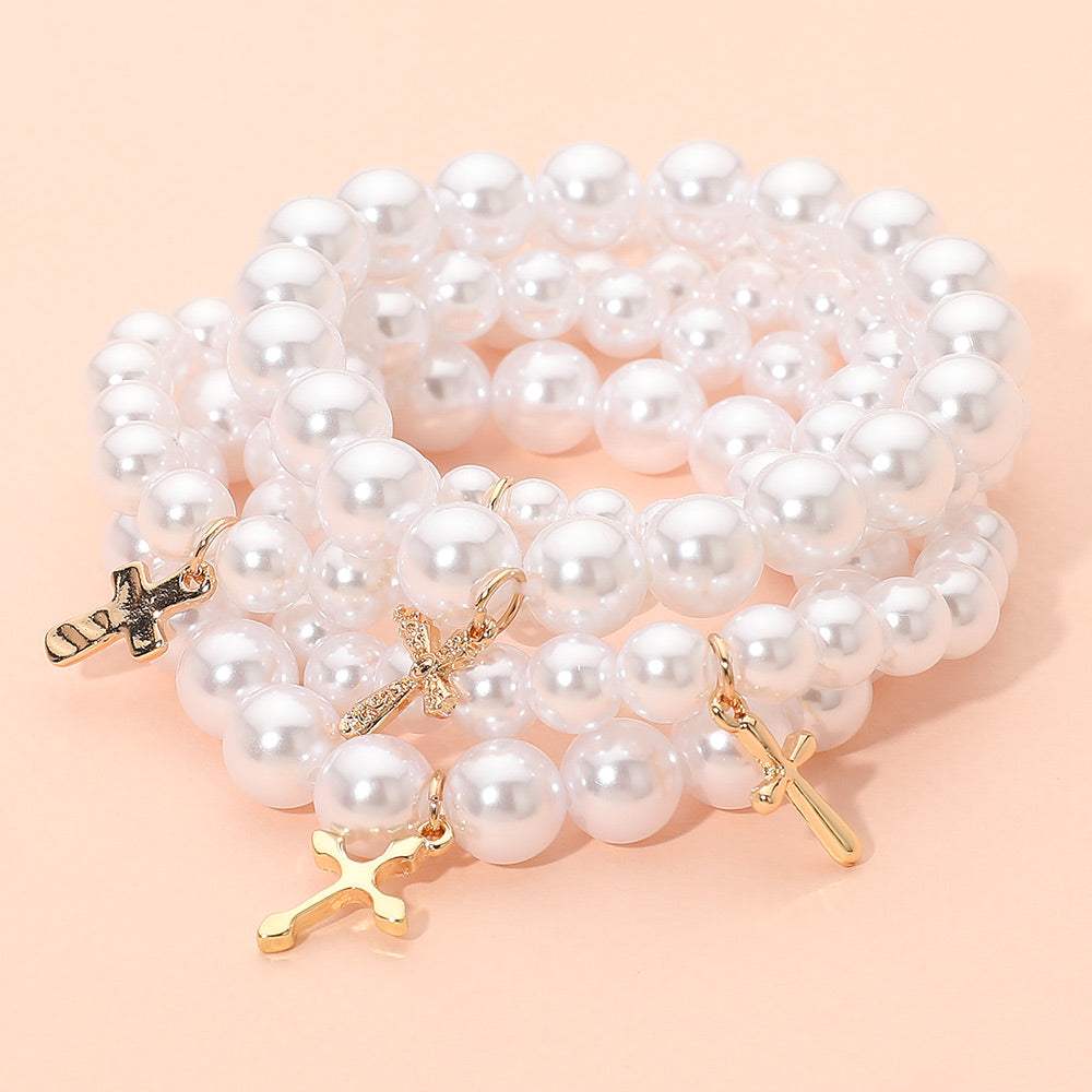 5PCS - Metal Cross Charm Pearl Beaded Stretch Multi Layered Bracelets - Madeline Love - Flyclothing LLC