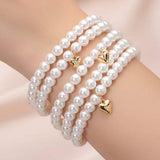 5PCS - Metal Heart Charm Pearl Beaded Stretch Multi Layered Bracelets - Madeline Love - Flyclothing LLC