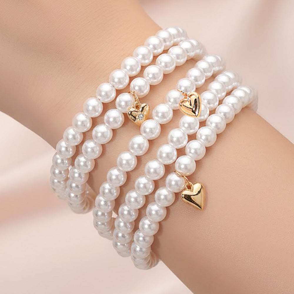 5PCS - Metal Heart Charm Pearl Beaded Stretch Multi Layered Bracelets - Madeline Love - Flyclothing LLC