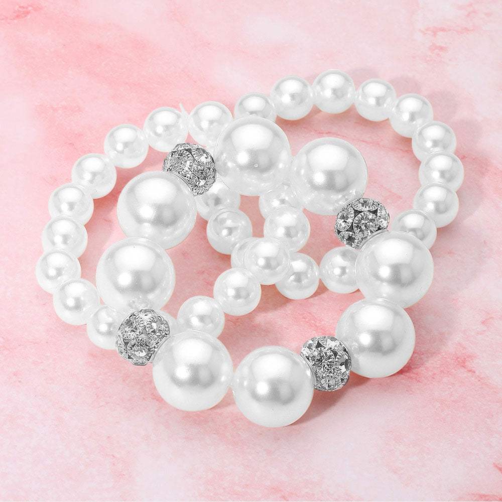 3PCS - Pearl Stone Ball Beaded Stretch Multi Layered Bracelets - Madeline Love - Flyclothing LLC