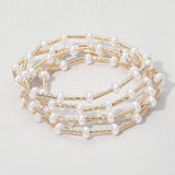 5PCS - Flat Pearl Textured Metal Bar Beaded Stretch Multi Layered Bracelets - Madeline Love - Flyclothing LLC