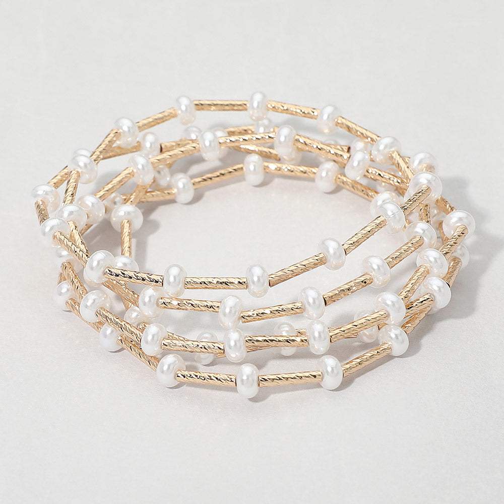 5PCS - Flat Pearl Textured Metal Bar Beaded Stretch Multi Layered Bracelets - Madeline Love - Flyclothing LLC