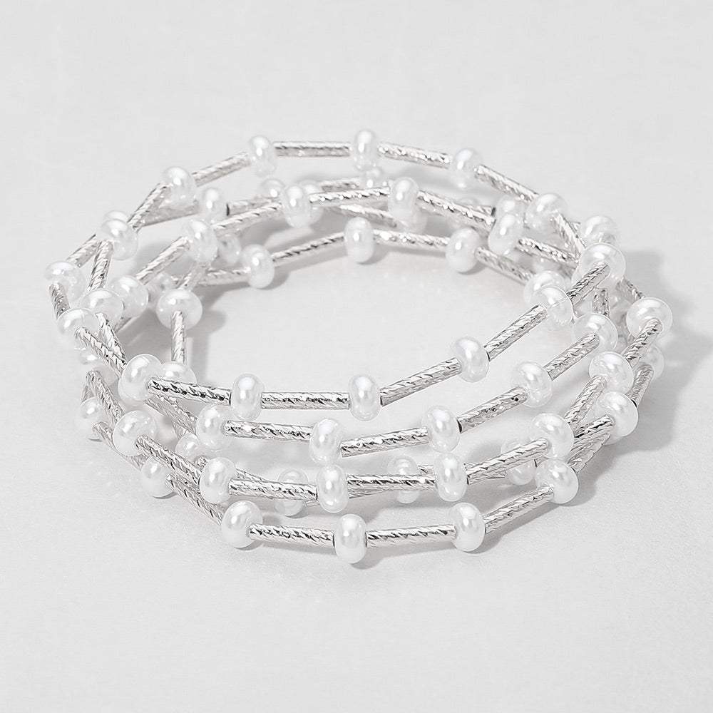 5PCS - Flat Pearl Textured Metal Bar Beaded Stretch Multi Layered Bracelets - Madeline Love - Flyclothing LLC