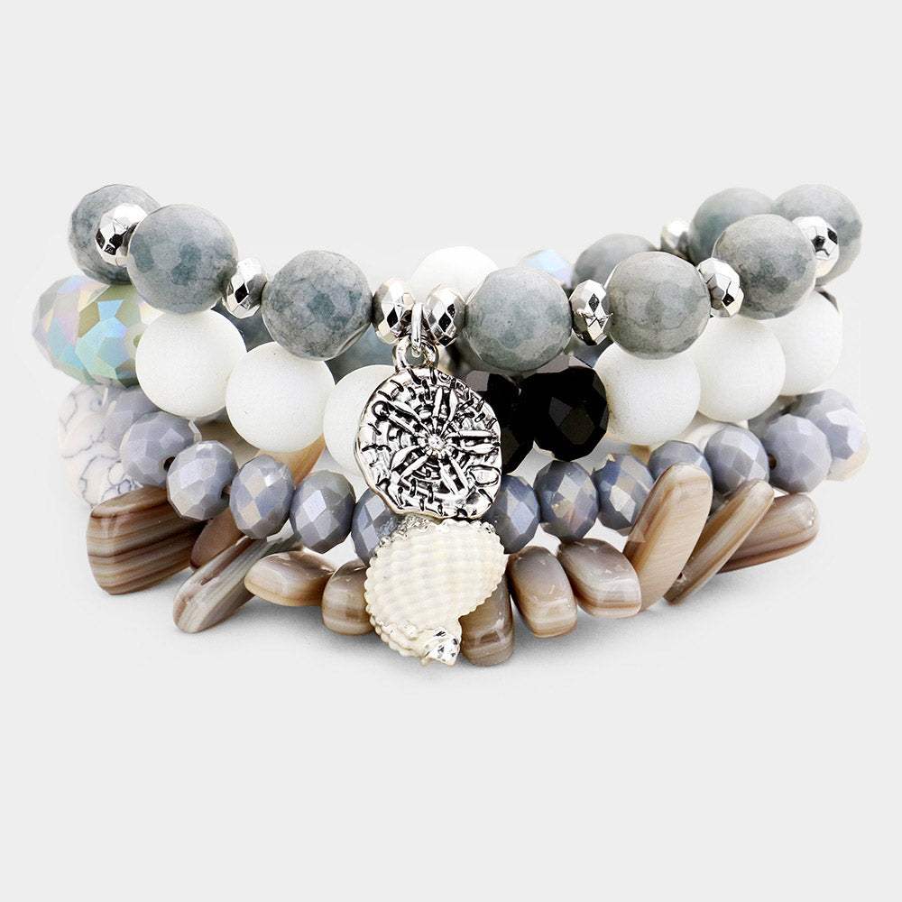 4PCS - Semi Precious Stone Sand Dollar Bead Stretch Bracelets - Madeline Love - Flyclothing LLC