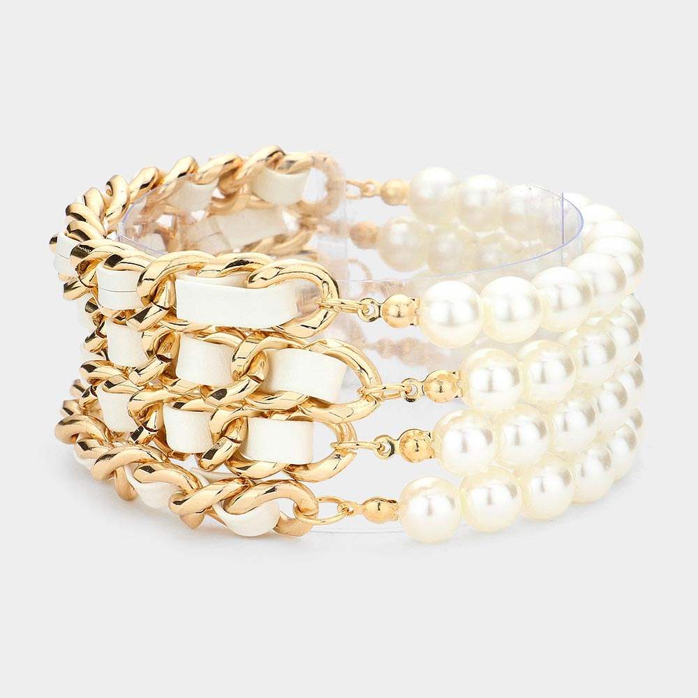 4PCS - Faux Leather Braided Pearl Beaded Multi Layered Bracelets - Madeline Love - Flyclothing LLC