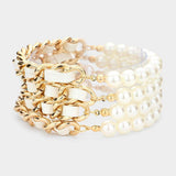 4PCS - Faux Leather Braided Pearl Beaded Multi Layered Bracelets - Madeline Love - Flyclothing LLC