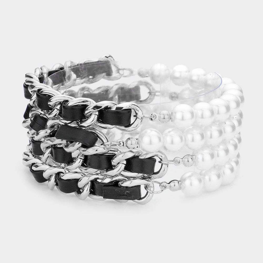 4PCS - Faux Leather Braided Pearl Beaded Multi Layered Bracelets - Madeline Love - Flyclothing LLC