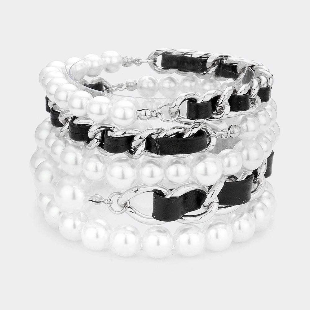 5PCS - Faux Leather Braided Pearl Beaded Multi Layered Bracelets - Madeline Love - Flyclothing LLC