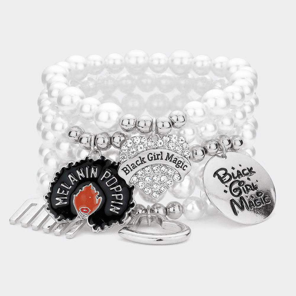 5PCS - Black Girl Magic Various Charm Multi Layered Stretchable Bracelets - Madeline Love - Flyclothing LLC