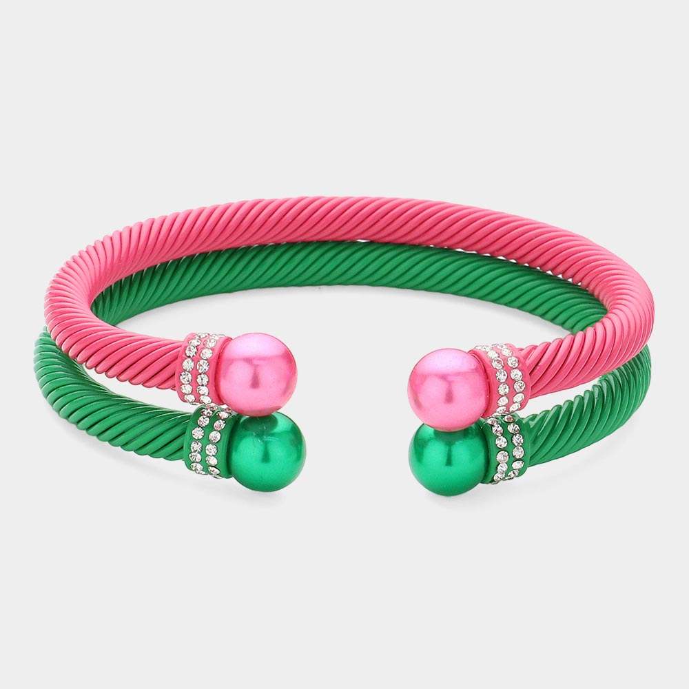 2PCS - Stone Paved Pearl Pointed Tip Double Cuff Bracelets - Madeline Love - Flyclothing LLC