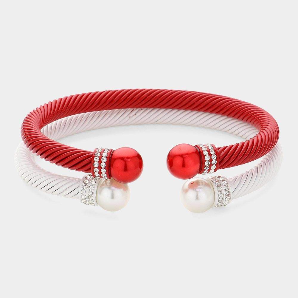 2PCS - Stone Paved Pearl Pointed Tip Double Cuff Bracelets - Madeline Love - Flyclothing LLC