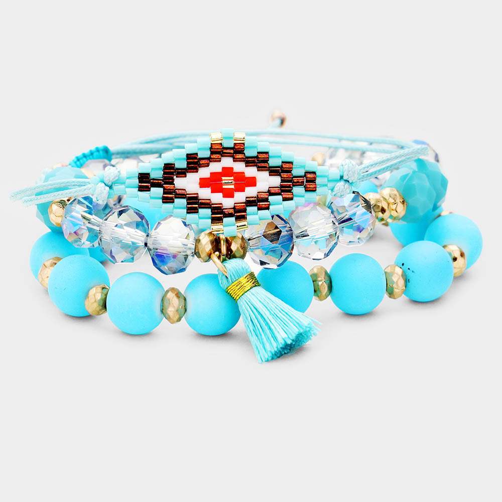 3PCS - Boho Bead Wood Bead Stretch Layered Tassel Bracelets - Madeline Love - Flyclothing LLC