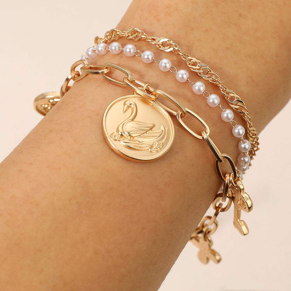 3PCS - Flower Swan Embossed Medallion Key Cross Pearl Charm Station Multi Layered Bracelets - Madeline Love - Flyclothing LLC