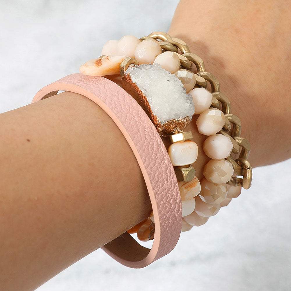 4PCS -Genuine Druzy Accented Bead Stretch Layered Bracelets - Madeline Love - Flyclothing LLC