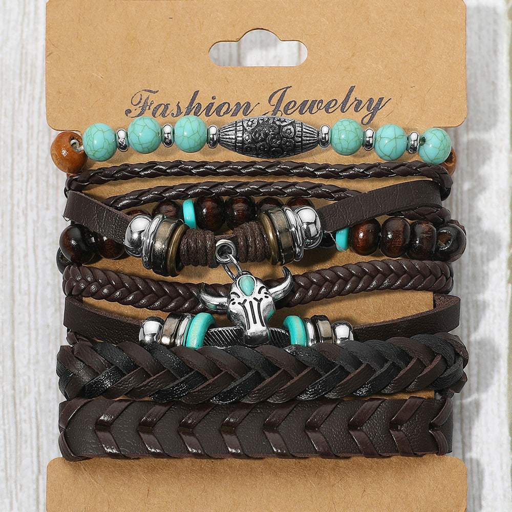 6PCS - Unisex Western Theme Steerhead Charm Accent Braided Adjustable Wood Turquoise Beaded Stretch Multi Layered Bracelets - Madeline Love - Flyclothing LLC