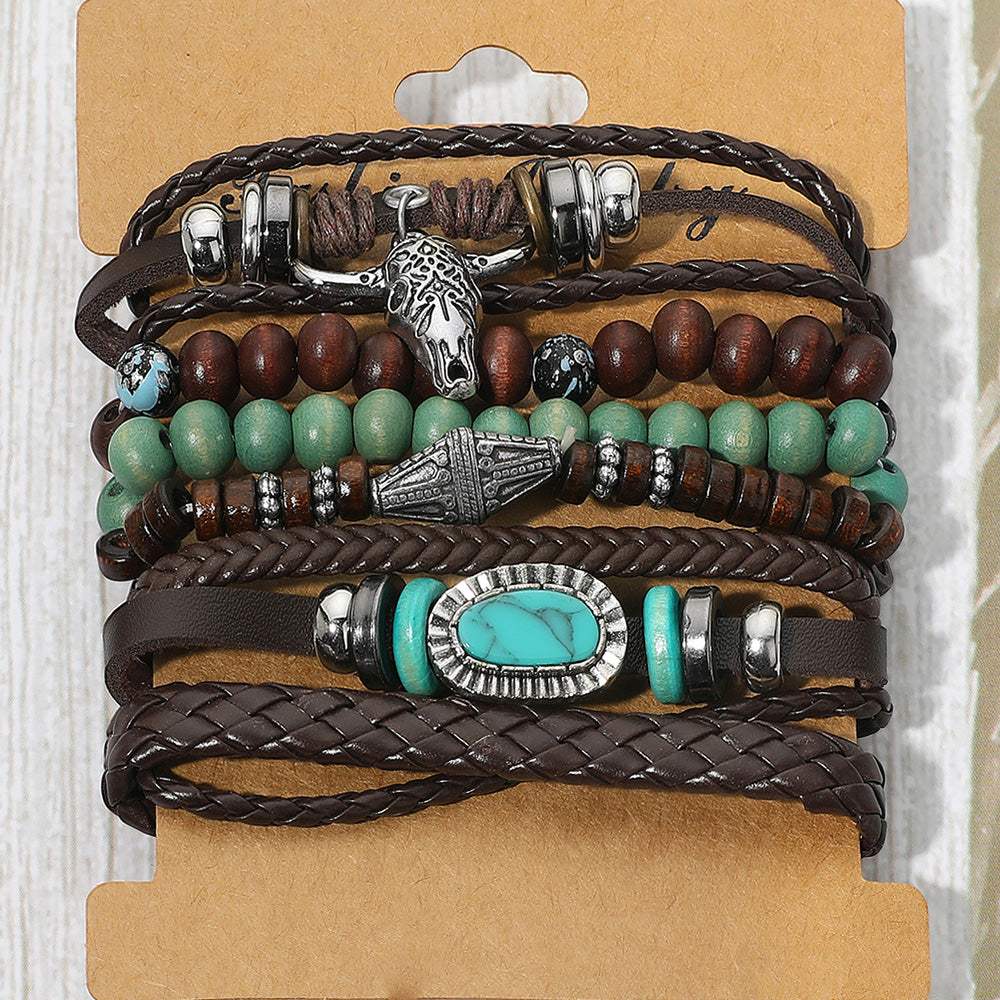 6PCS - Unisex Western Theme Steerhead Turquoise Charm Accent Adjustable Wood Beaded Stretch Multi Layered Bracelets - Madeline Love - Flyclothing LLC