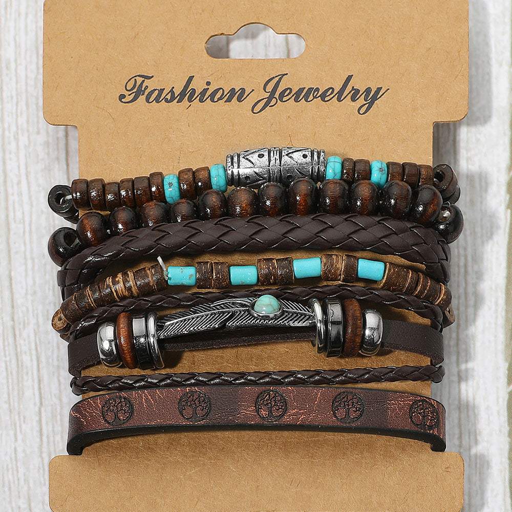 6PCS - Boho Western Feather Charm Accent Braided Adjustable Wooden Beaded Stretch Multi Layered Bracelets - Madeline Love - Flyclothing LLC