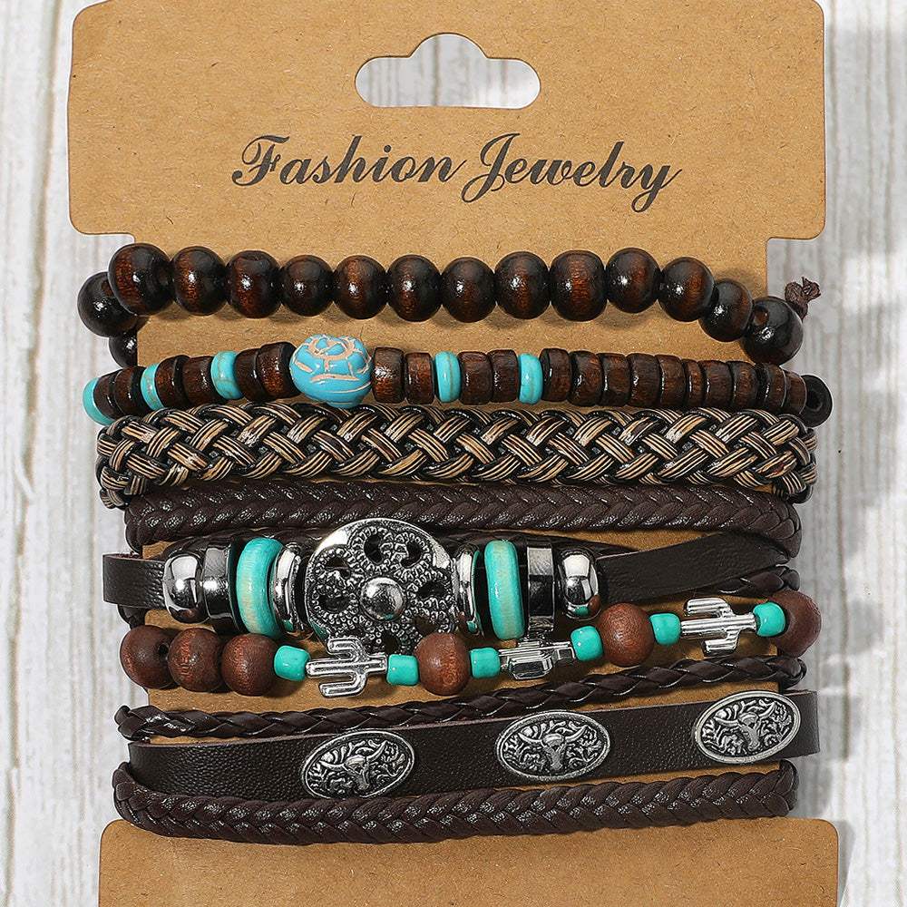 6PCS - Boho Tribal Theme Braided Adjustable Wooden Beaded Stretch Multi Layered Bracelets - Madeline Love - Flyclothing LLC
