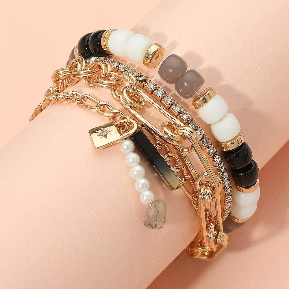 3PCS - Pearl Lock Charm Metal Chain Link Beaded Bracelets - Madeline Love - Flyclothing LLC