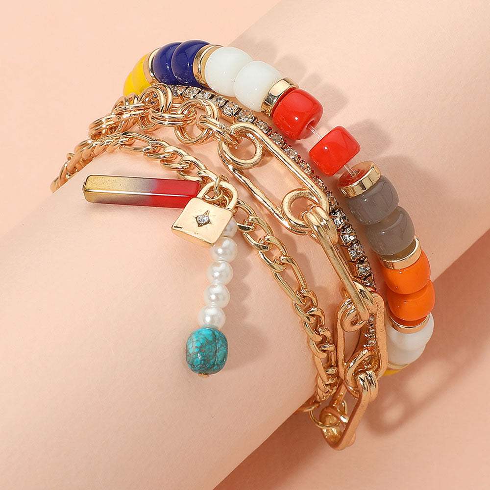 3PCS - Pearl Lock Charm Metal Chain Link Beaded Bracelets - Madeline Love - Flyclothing LLC