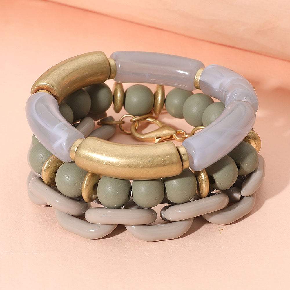3PCS - Bold Wooden Mixed Beaded Stretch Resin Link Multi Layered Bracelets - Madeline Love - Flyclothing LLC