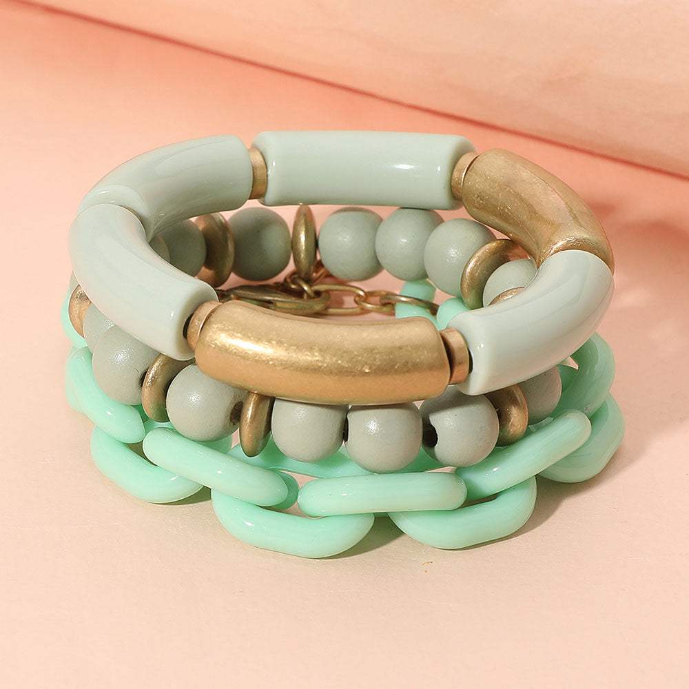 3PCS - Bold Wooden Mixed Beaded Stretch Resin Link Multi Layered Bracelets - Madeline Love - Flyclothing LLC