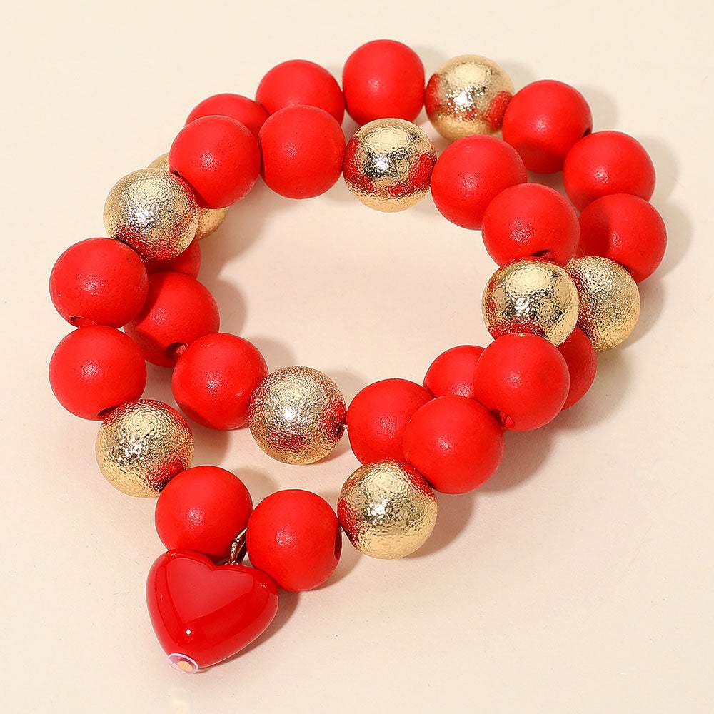2PCS - Chunky Heart Charm Wooden Metal Ball Beaded Stretch Multi Layered Bracelets - Madeline Love - Flyclothing LLC